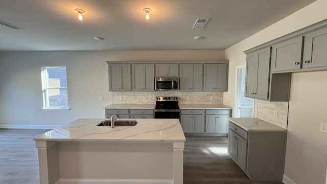 kitchen with stainless steel appliances, light stone countertops, sink, and a center island with sink