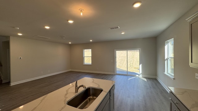 kitchen with light stone counters, sink, and hardwood / wood-style floors