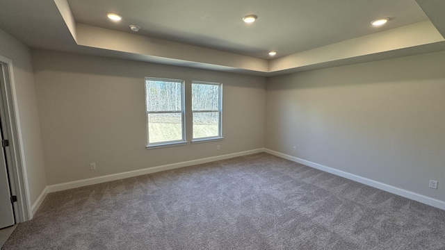 carpeted spare room with a raised ceiling