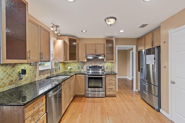 kitchen featuring sink, backsplash, light wood-type flooring, dark stone counters, and stainless steel appliances