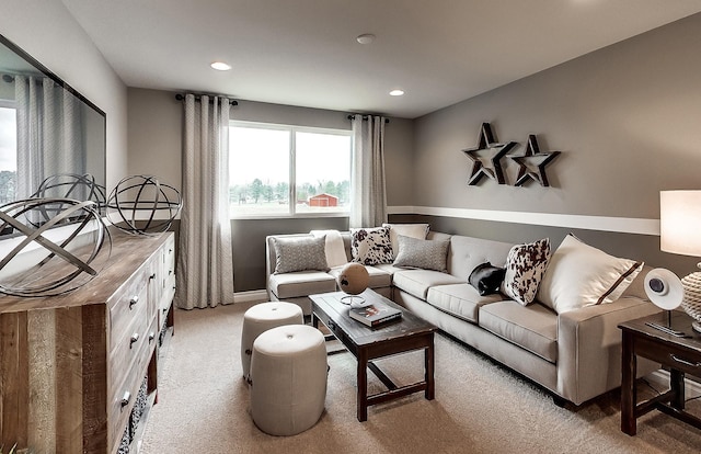 living room with light colored carpet