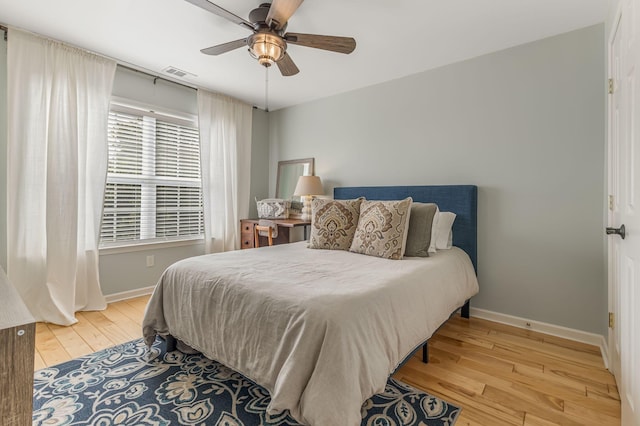 bedroom featuring ceiling fan and wood-type flooring