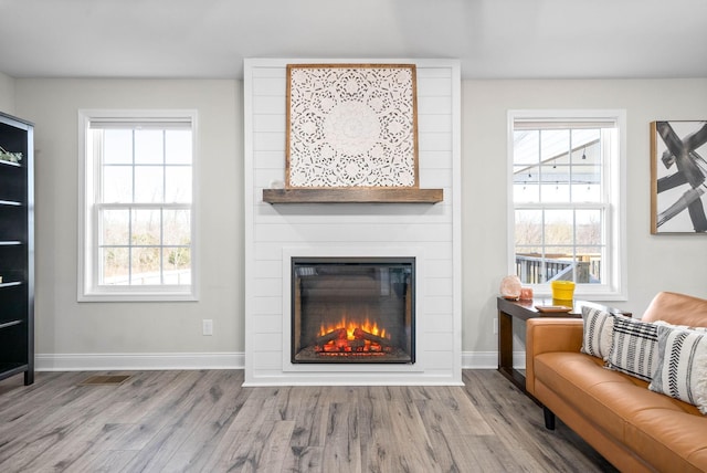 living room with a healthy amount of sunlight and a large fireplace