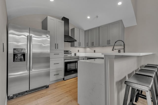 kitchen featuring appliances with stainless steel finishes, wall chimney exhaust hood, a kitchen breakfast bar, kitchen peninsula, and gray cabinetry