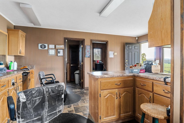 kitchen with kitchen peninsula and wood walls