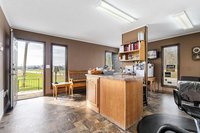 kitchen with ornamental molding and wood walls