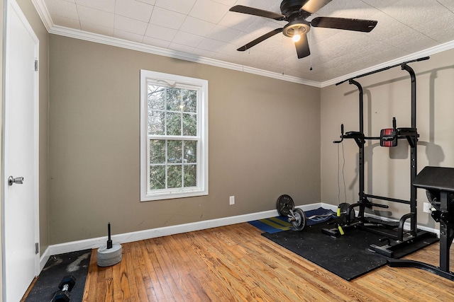 workout room with ceiling fan, hardwood / wood-style floors, and crown molding