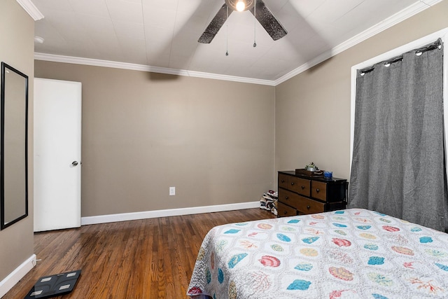 bedroom with ceiling fan, crown molding, and dark hardwood / wood-style floors