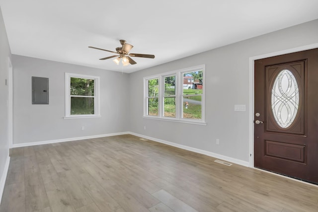 entrance foyer with light wood-type flooring, ceiling fan, and electric panel