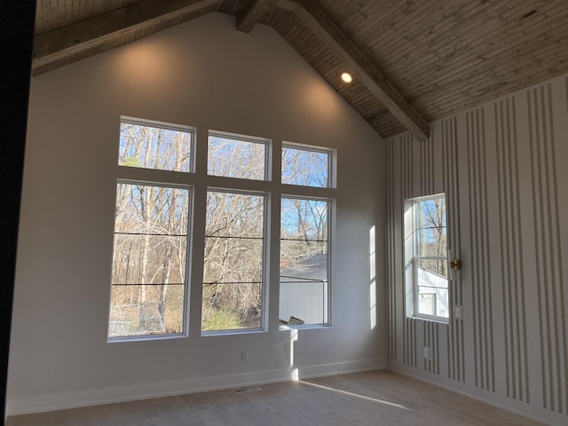 empty room with light hardwood / wood-style floors, wood ceiling, high vaulted ceiling, and beamed ceiling