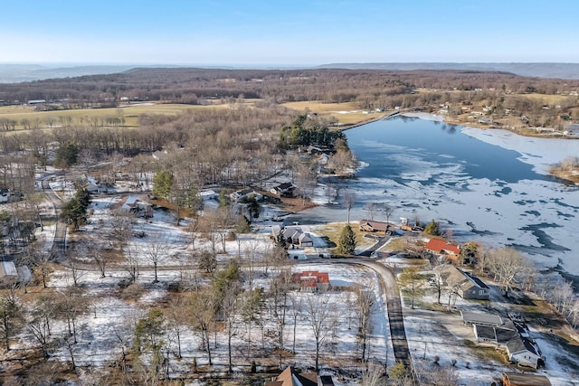 snowy aerial view featuring a water view