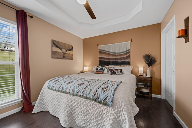 bedroom featuring multiple windows, dark hardwood / wood-style floors, a tray ceiling, and ceiling fan