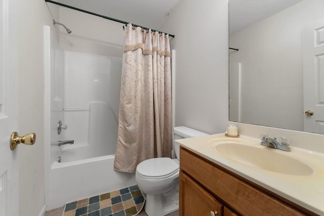 full bathroom with toilet, shower / bath combo, and vanity