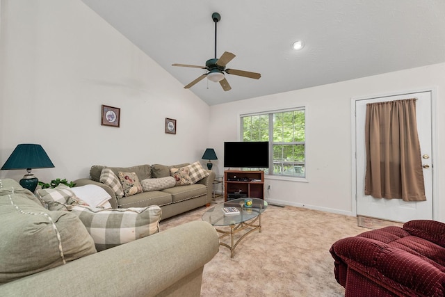 living room featuring ceiling fan, light colored carpet, and high vaulted ceiling