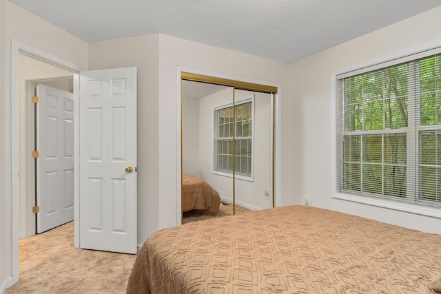 bedroom with a closet and light colored carpet