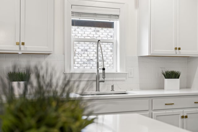 interior details featuring sink, white cabinets, and tasteful backsplash