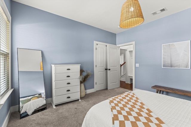 carpeted bedroom featuring multiple windows