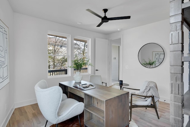 office area featuring ceiling fan and light wood-type flooring