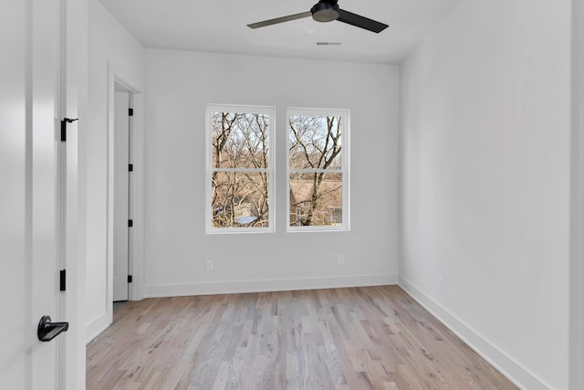 unfurnished room with light hardwood / wood-style flooring and ceiling fan