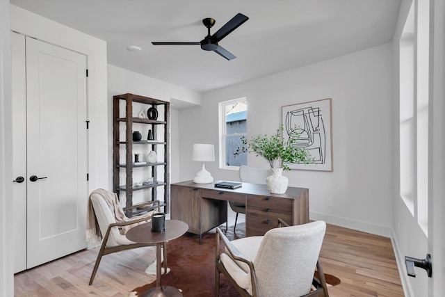 office area featuring ceiling fan and light hardwood / wood-style floors