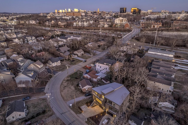 view of aerial view at dusk