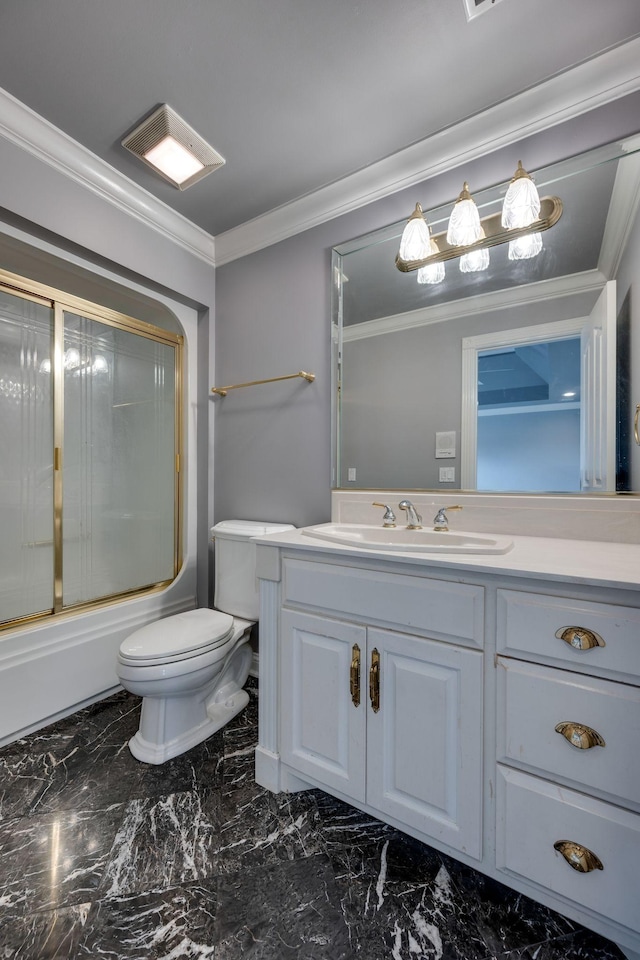 full bathroom featuring ornamental molding, toilet, vanity, and bath / shower combo with glass door