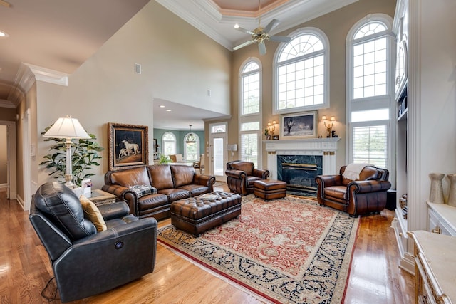 living room with crown molding, wood-type flooring, and a fireplace