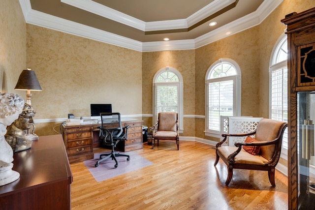 office with ornamental molding and light hardwood / wood-style flooring