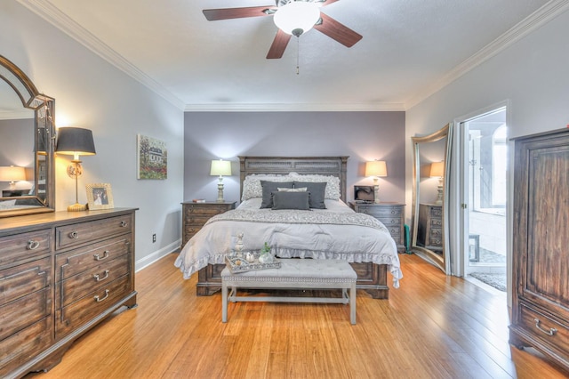 bedroom with ceiling fan, light hardwood / wood-style floors, and ornamental molding