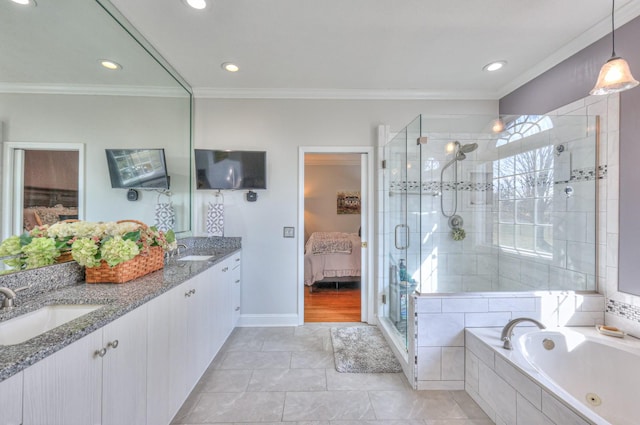 bathroom featuring tile patterned floors, vanity, crown molding, and separate shower and tub