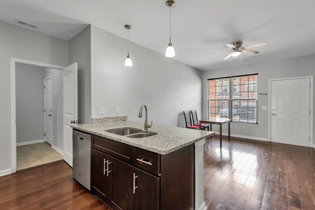 kitchen featuring dishwasher, decorative light fixtures, sink, dark hardwood / wood-style floors, and ceiling fan