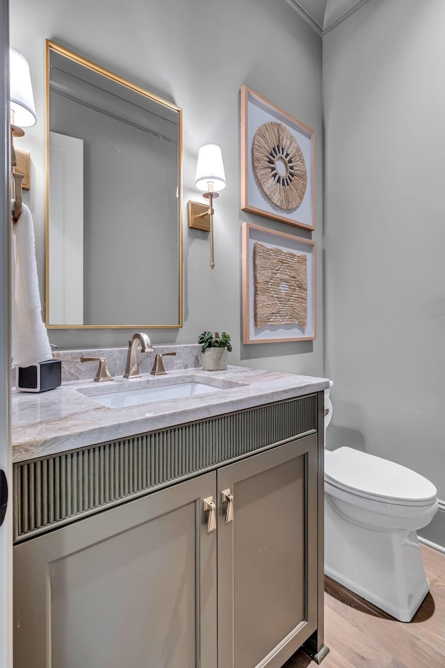 bathroom with toilet, vanity, and hardwood / wood-style floors