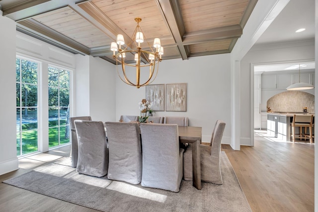 dining area with beamed ceiling, wood ceiling, light hardwood / wood-style floors, and a notable chandelier