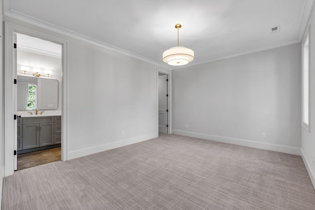 carpeted spare room with sink and crown molding