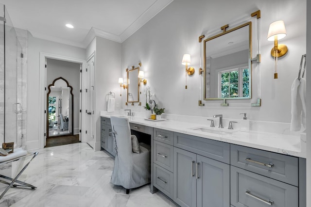 bathroom featuring crown molding, an enclosed shower, and vanity