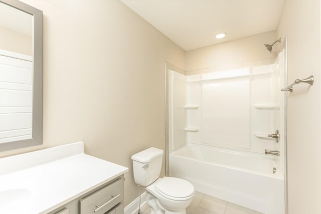 full bathroom featuring toilet, tile patterned flooring, tub / shower combination, and vanity