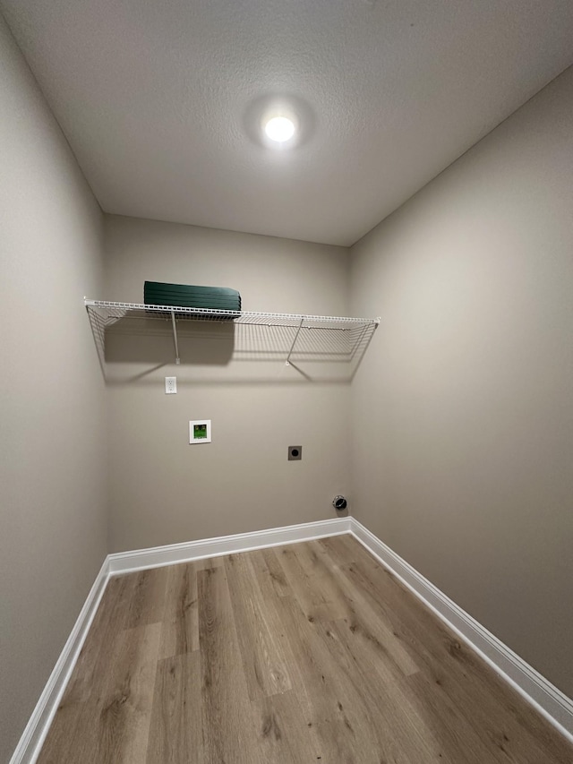 washroom featuring washer hookup, light hardwood / wood-style flooring, hookup for an electric dryer, and a textured ceiling