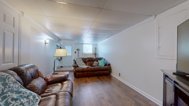 living room featuring a drop ceiling, dark wood-type flooring, and ornamental molding