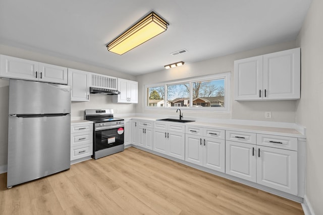 kitchen featuring sink, white cabinetry, stainless steel appliances, and light wood-type flooring