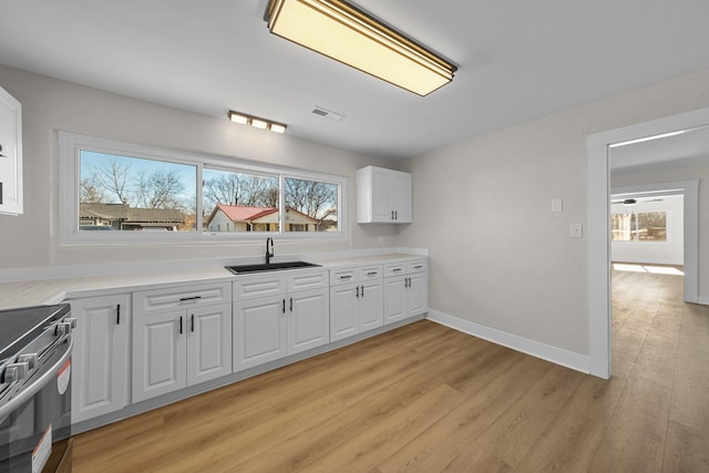 kitchen featuring stainless steel electric stove, sink, white cabinets, and light hardwood / wood-style floors