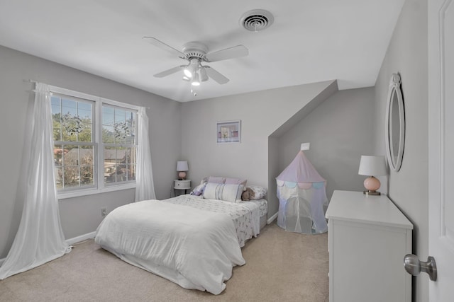 bedroom featuring ceiling fan and light colored carpet