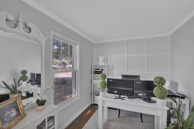 office space featuring dark hardwood / wood-style floors, plenty of natural light, and crown molding