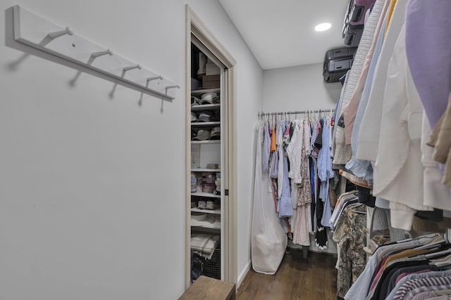 walk in closet with dark hardwood / wood-style floors