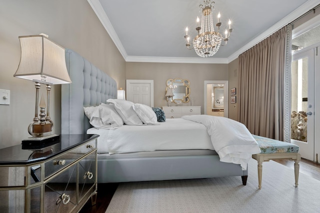 bedroom with ornamental molding and a chandelier