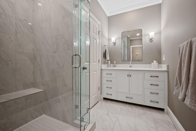 bathroom featuring an enclosed shower, vanity, and crown molding