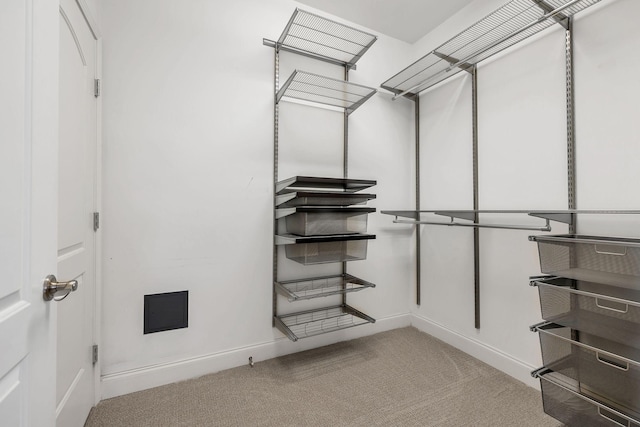 walk in closet featuring light colored carpet