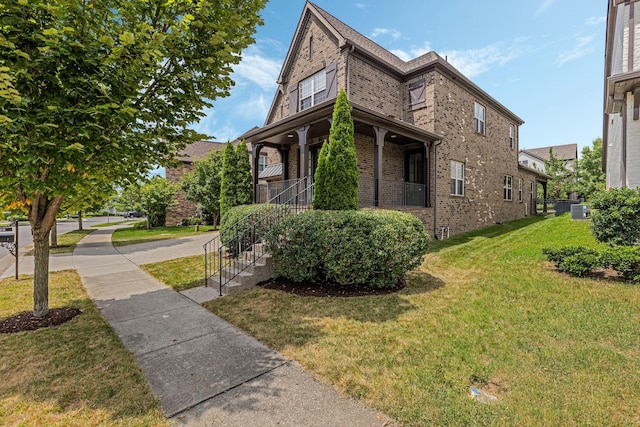 view of property exterior with central air condition unit and a lawn