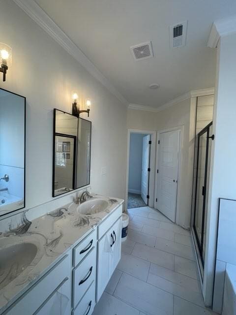 full bathroom featuring toilet, vanity, ornamental molding, and plus walk in shower