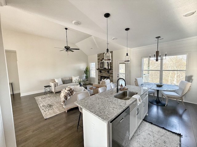 308 Griffey Ests, Clarksville, TN 37042 - kitchen featuring stainless steel dishwasher, a sink, a center island with sink, a fireplace, and dark wood-style flooring