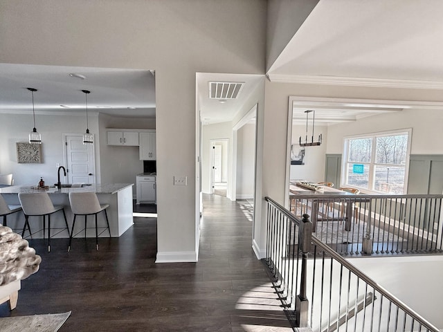 308 Griffey Ests, Clarksville, TN 37042 - corridor featuring ornamental molding, dark wood-style flooring, a sink, and visible vents